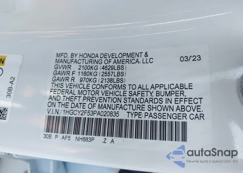 2023 Honda Accord Hybrid Sport from USA, damaged, VIN 1HGCY2F53PA020835
